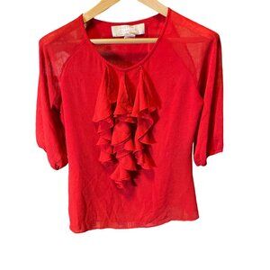 American Glamour Badgley Mischka Red Romantic Ruffle Puff Sleeve Top Sz S